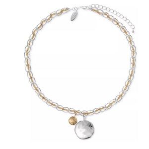 Style & Co Two-Tone Hammered Disc Threaded Double-Chain Pendant Necklace 17+3"